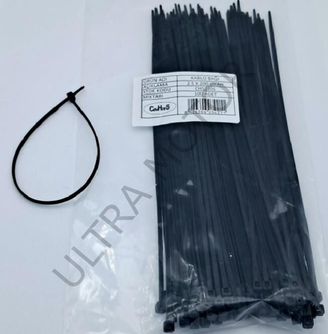 Cırt 2,5mm X 200mm Kablo Bağı İthal Siyah (100 Adet)