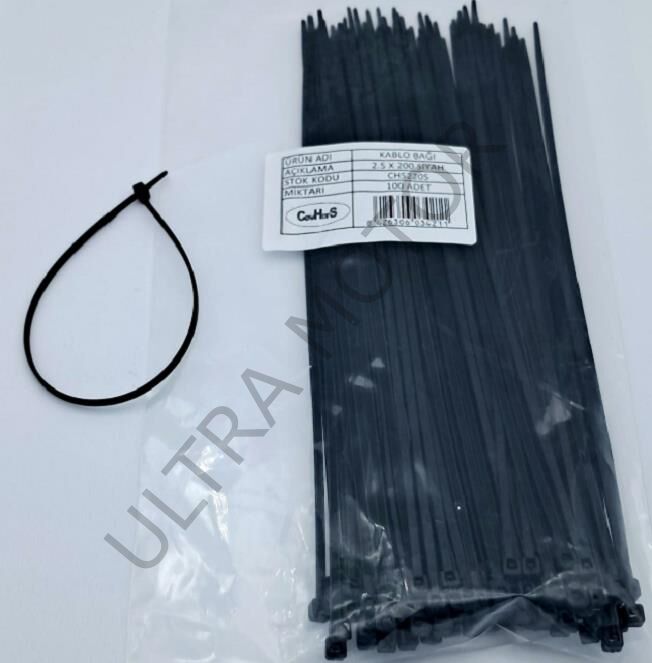 Cırt 2,5mm X 200mm Kablo Bağı İthal Siyah (100 Adet)